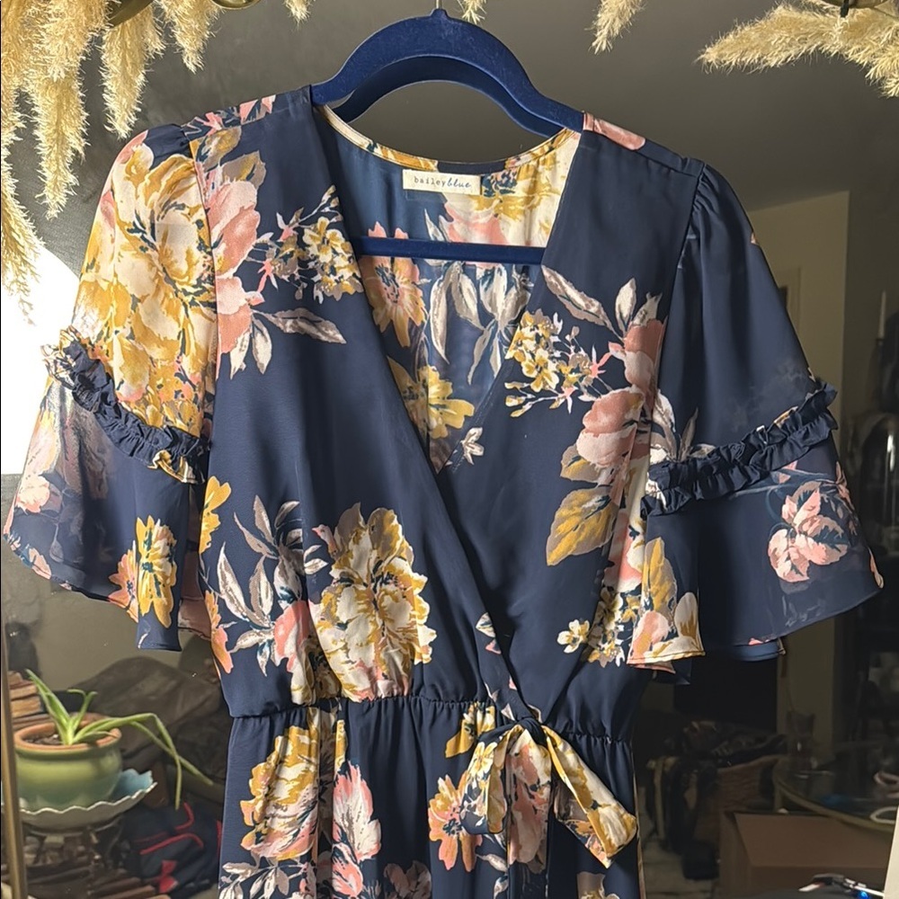 Bailey Blue Navy Floral Wrap Style Maxi Dress Boho Romantic Flowy Wedding Guest